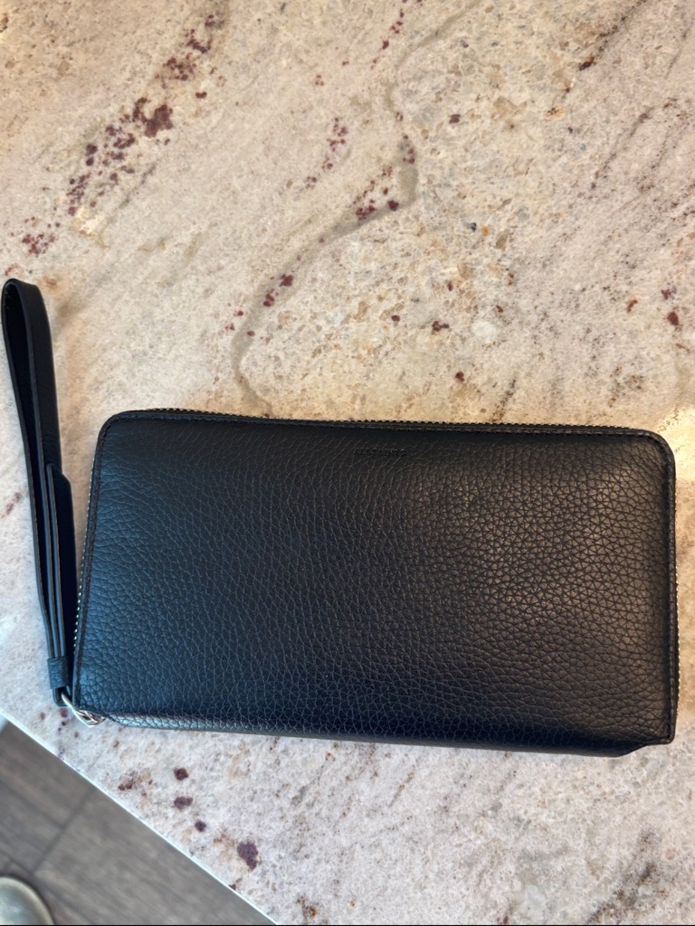 All Saints Black Leather Zip-Around Wristlet Wallet
